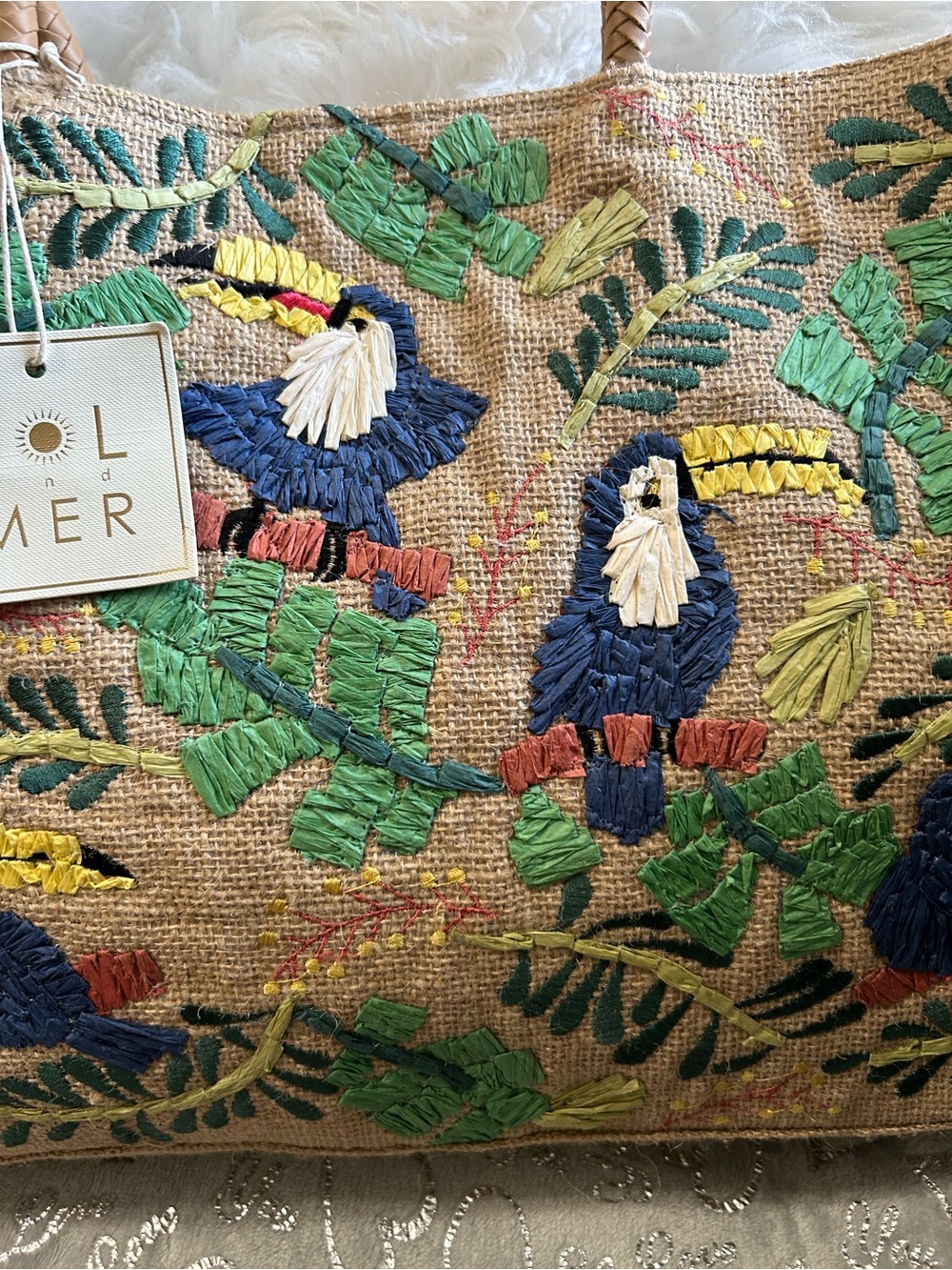 NWT Sol & Mer Embroidered Parrot Tote – Natural with Navy & Green - Picture 2 of 8